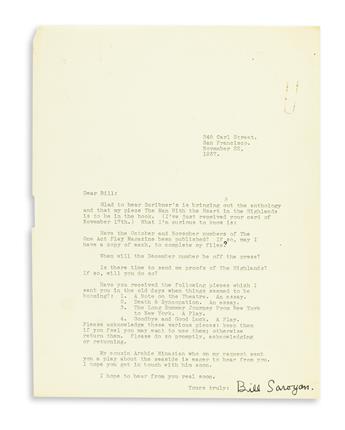 SAROYAN, WILLIAM. Small archive of 13 letters Signed, Bill Saroyan or William Saroyan, to editor William Kozlenko, including two Au